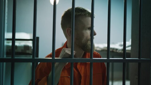 Unhappy male prisoner serving a sentence behind bars, feeling regret