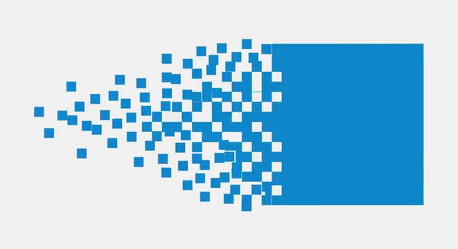 A blue square shape dissolving into many small scattered pixelated particles