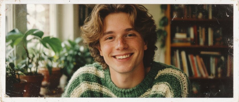Young man smiling in cozy home setting, Concept of warmth and contentment