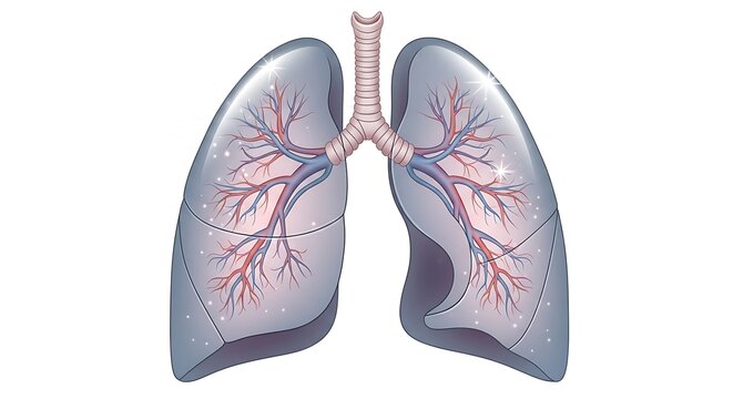 3D illustration of human lungs with bronchial tubes highlighted.