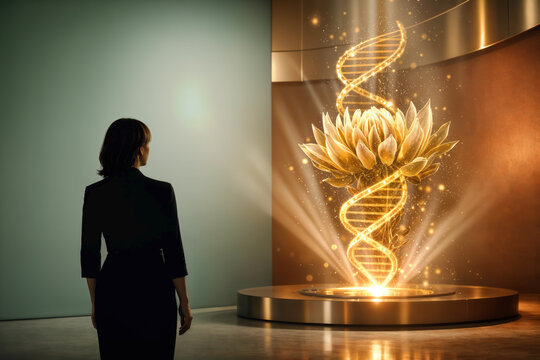Menopause Economy femtech revolution elegant female silhouette viewing golden protea and DNA hologram symbolizing menopause wellness aging gracefully biotech for women health equity midlife health