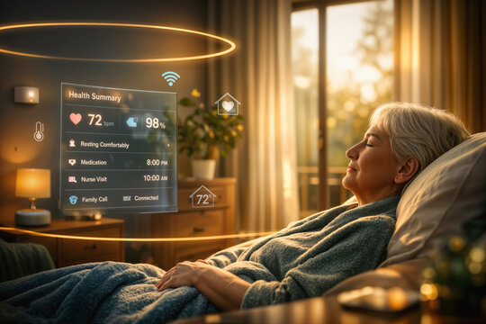 Palliative care dignity home hospice tech sanctuary with elderly person resting by window, compassionate smart home monitoring, aging in place, senior wellness, end-of-life care, home health