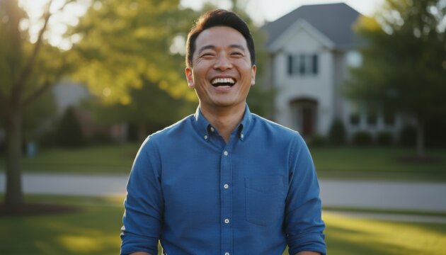 Smiling man in casual attire outdoors, Concept of happiness and contentment