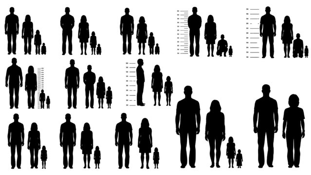 Male and Female Height Comparison Silhouettes Collection Set Isolated on White Background Vector Illustration