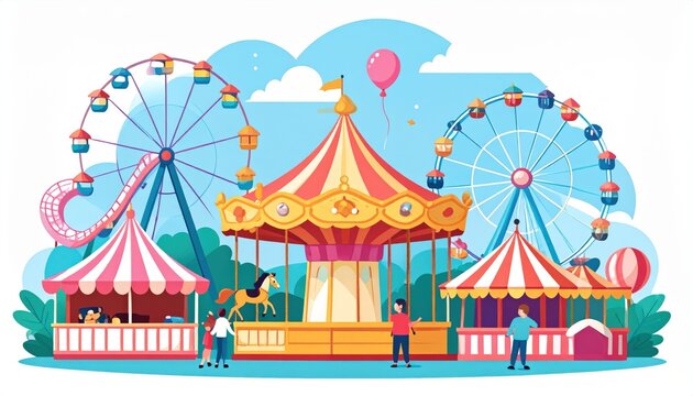 Fun Amusement Park Icon Collection Featuring Carousel, Ferris Wheel, and Circus Tent for Carnival Designs, Theme Park Maps, and Family Vacation Flyers