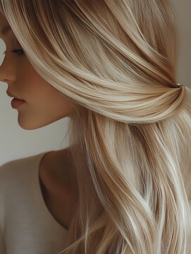 Close-Up of Women's Blonde Layered Hair with Caramel Highlights and Balayage for Hair Salon Beauty Treatment and Hair Color Inspiration