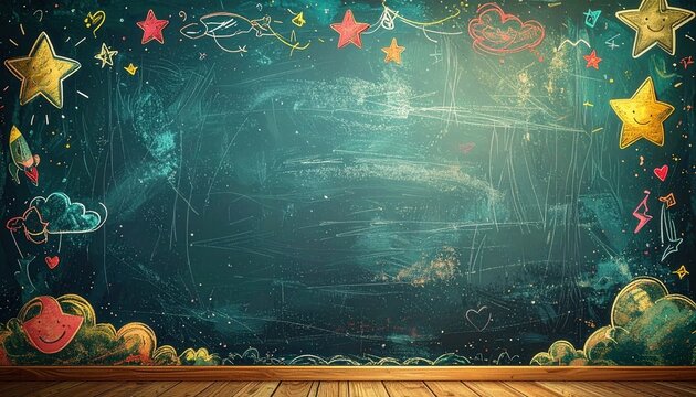 Playful Blackboard Chalkboard Doodle Frame with Hand Drawn Educational Elements and School Supplies for Teacher Presentations and Classroom Decor