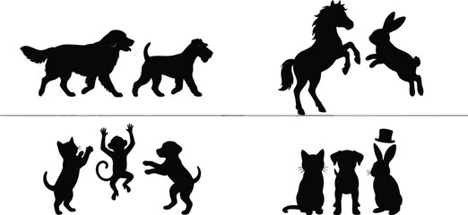 Creative black silhouette illustration featuring dogs, horse, rabbit, cat, and monkey in playful, sitting, and interactive poses across four sections © Rokon