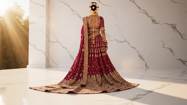 Woman's ornate red and gold embroidered Indian saree flowing with a long train in a sunlit marble hall