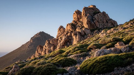Fototapeta premium Sun-drenched rocky mountain outcrop with hardy scrub clinging to its rugged hillside under a clear blue sky