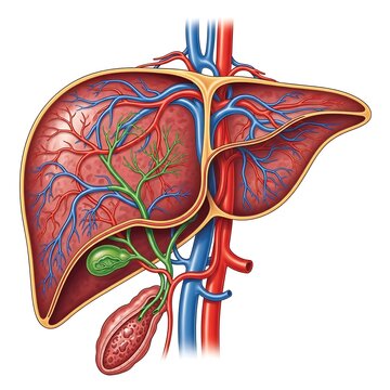Detailed anatomical diagram of human liver and gallbladder.