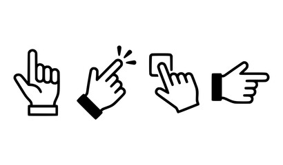 Fototapeta premium Hand Click Pointer and Touch Screen Gesture Icon Set Featuring Pointing, Clicking, Pressing Buttons, and Interacting Symbols for Mobile UI and Web Designs