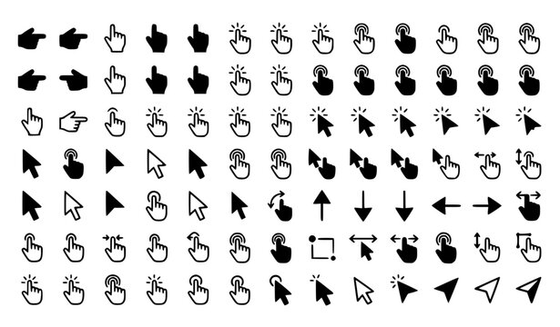 Mega bundle of mouse cursor arrows and hand click vector icons for web navigation and digital screen interfaces