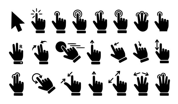 Black hand gesture and touch screen click vector icon set for smartphone interface swipe scroll and zoom layout