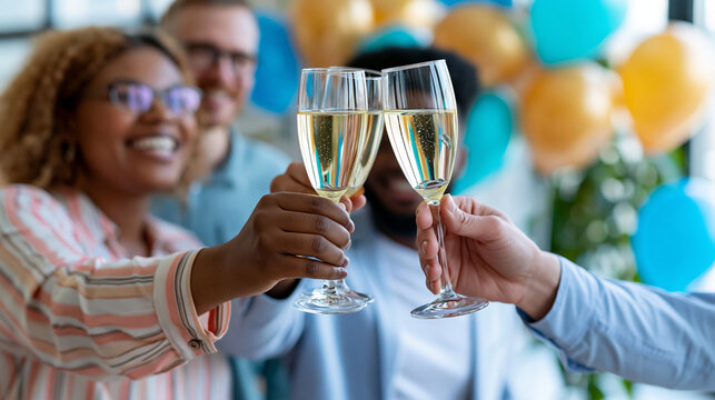 Anonymous colleagues from different departments celebrating a company milestone anniversary with a group toast in a decorated office, corporate culture and team celebration