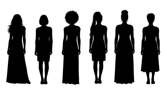 Standing Female Front View Silhouettes Collection Set Isolated on White Background Vector Illustration