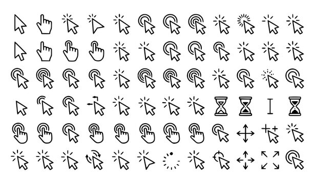 Mega web cursor line icon set with hand clicking pointers computer mouse arrows interface navigation symbols hourglass loading and resize graphics