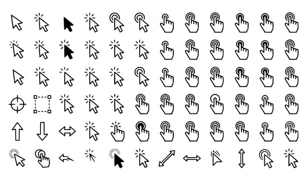 Mega web button line icon set with hand clicking cursors computer mouse arrows interface navigation symbols and digital touch screen gestures