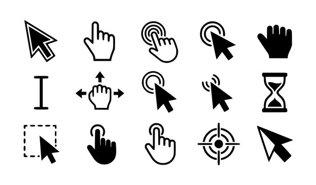 Web button icon set with hand clicking cursors computer mouse arrows interface navigation symbols text selection hourglass and touch screen gestures