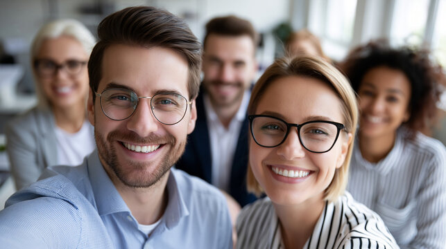 Anonymous happy business people taking a group portrait and selfie at the office, diverse employees with smiles for photography and social media concept, faceless, defocused, with