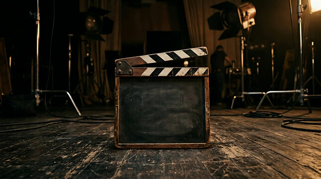 Vintage wooden movie slate clapperboard on dark cinema studio set stage