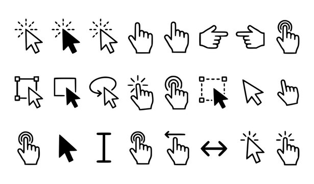 Web button line icon set with hand clicking cursors computer mouse arrows interface navigation symbols text selection and touch screen gestures