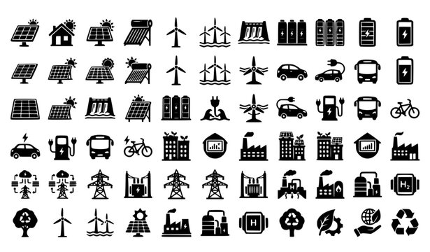Green energy and eco transportation glyph icon set with solar panels wind turbines electric vehicles charging stations and sustainable power infrastructure symbols