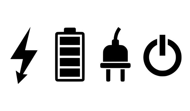 Minimalist battery charging icon set with power flash lightning bolt electric plug and standby button symbols for device interface designs