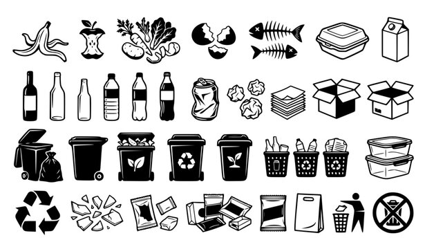 Garbage sorting and recycling icon collection with organic compost food waste plastic bottles cardboard boxes crinkled paper and domestic waste sorting bins