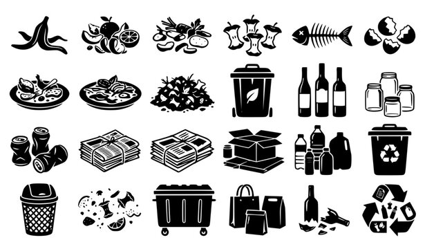 Garbage classification and recycling icon set with organic compost food scraps newspapers cardboard boxes glass bottles and domestic waste sorting bin symbols