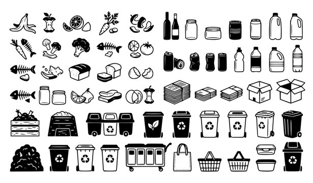 Garbage sorting and recycling mega icon set with organic food waste plastic bottles aluminum cans cardboard boxes and eco sorting bins