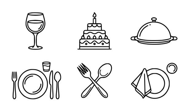 Restaurant catering line icon set with wine glass celebration cake food cloche dinner plate cutlery table setting and napkin symbols for menus