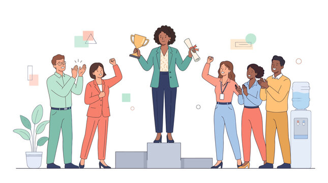 A woman stands on a podium holding a trophy surrounded by celebrating colleagues