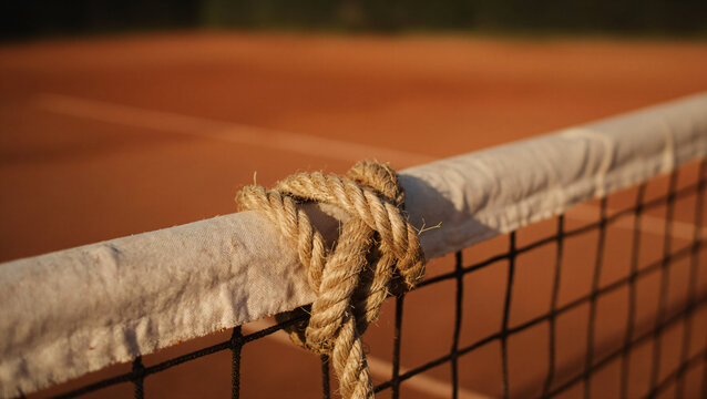 Seil um Tennisnetz gewickelt auf Sandplatz