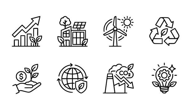 Green Business Line Art Icon Collection with Sustainability Renewable Energy and Eco Innovation Symbols