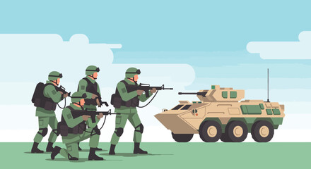 Naklejka premium Illustration of soldiers with armored vehicle on field