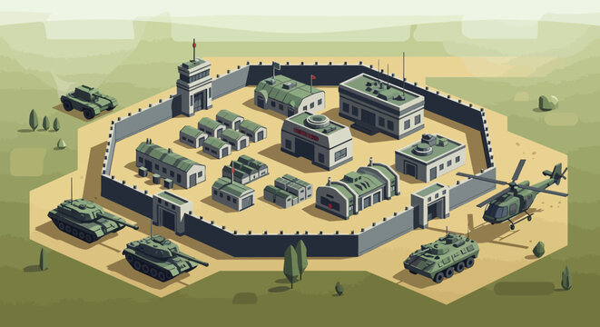 Isometric Military Base Illustration: Defense, Strategy, and Tactical Operations