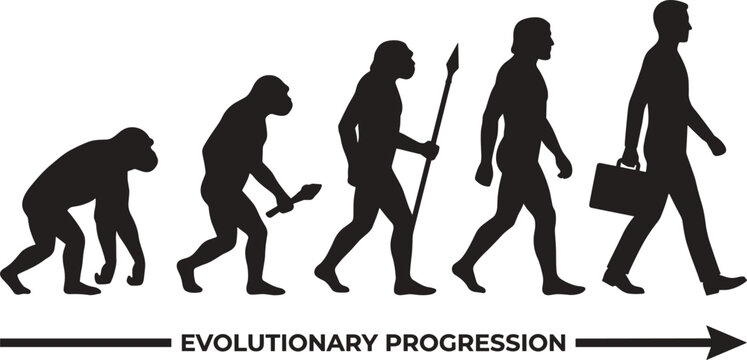 Human evolution silhouette illustration showing progression from ape to prehistoric hominids with tools, spear, and modern businessperson carrying briefcase