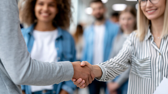 Anonymous group of interns being welcomed by a manager at a startup office orientation day, corporate onboarding and new employee culture concept, faceless, defocused, with copy