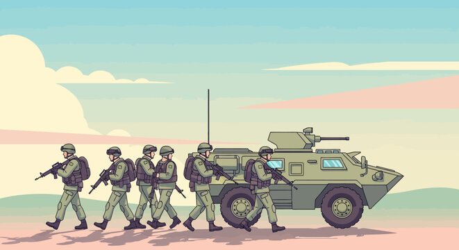 Illustration of Armed Soldiers and Armored Vehicle Marching in Formation