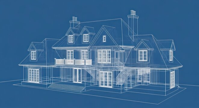 A detailed blueprint drawing of a large house with multiple gables and chimneys