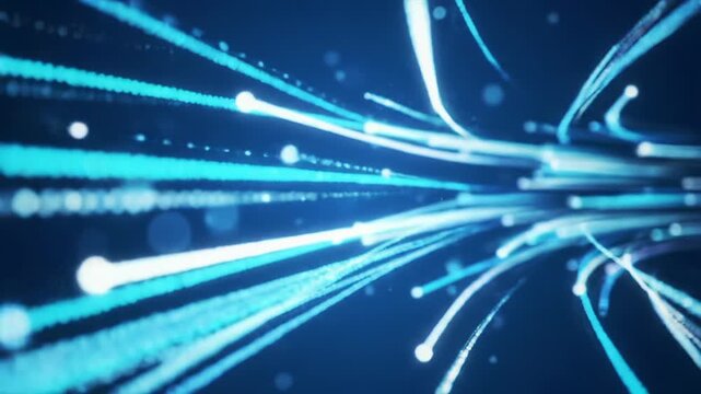 A wide video capturing abstract, dynamic digital data streams and glowing particles in white, cyan, light blue, flowing horizontally across a gradient deep blue background with a subtle zoom-in,