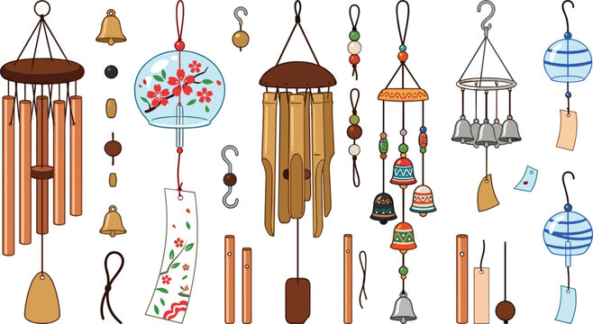 Japanese wind chime vector collection featuring traditional glass furin with cherry blossom patterns, bamboo tubes, metallic hanging bells, and garden decorative ornaments for backyard design.