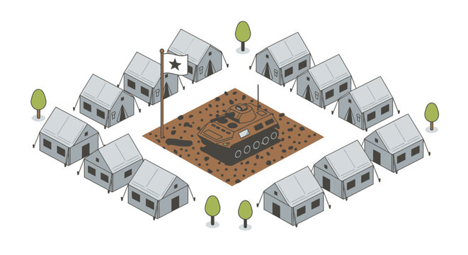 Isometric Military Camp: Tank, Tents, Flag