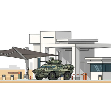 Military Armored Vehicle at Guard Post Building Entrance, Security Checkpoint Illustration