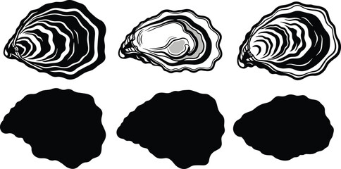 Oysters shell vector illustration set with text typography and black silhouettes for luxury seafood restaurant menu graphic culinary design © Olivia