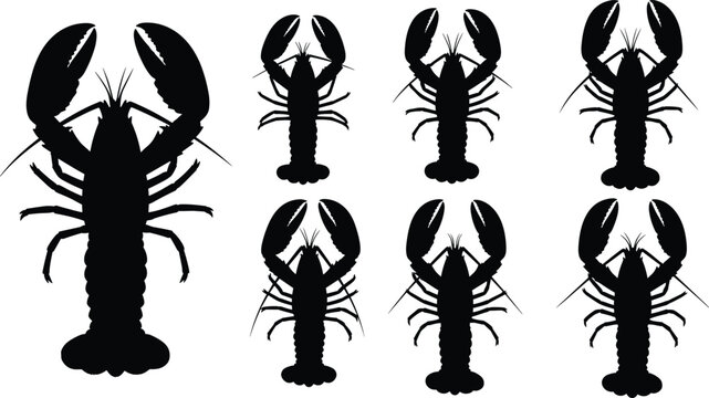 Lobster silhouette vector illustration set with various sized marine crustacean shapes for seafood restaurant market menu culinary graphic design