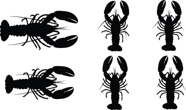 Lobster silhouette vector illustration set with horizontal and vertical marine crustacean shapes for seafood restaurant menu culinary graphic design