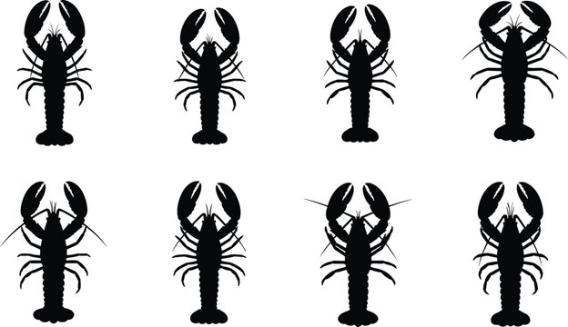 Lobster silhouette vector illustration set with fresh marine crustacean icons for seafood restaurant market menu culinary graphic design element