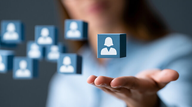 Levitating employee icon blocks on a dark background, human resources leadership and effective working group formation concept, defocused, with copy space